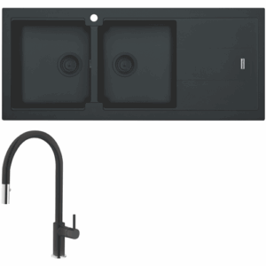 Sink Franke Bali Double Bowl with Right Hand Drainer and Verona Pull-Out Tap - Matt Black