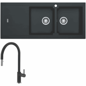 Sink Franke Bali Double Bowl with Left Hand Drainer and Verona Pull-Out Tap - Onyx